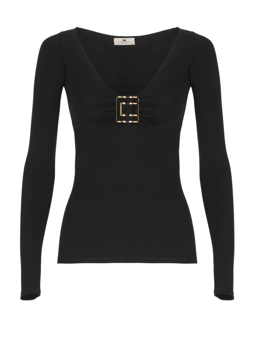 Elisabetta Franchi Fitted Long-Sleeve Black Shirt With Gold Logo Detail