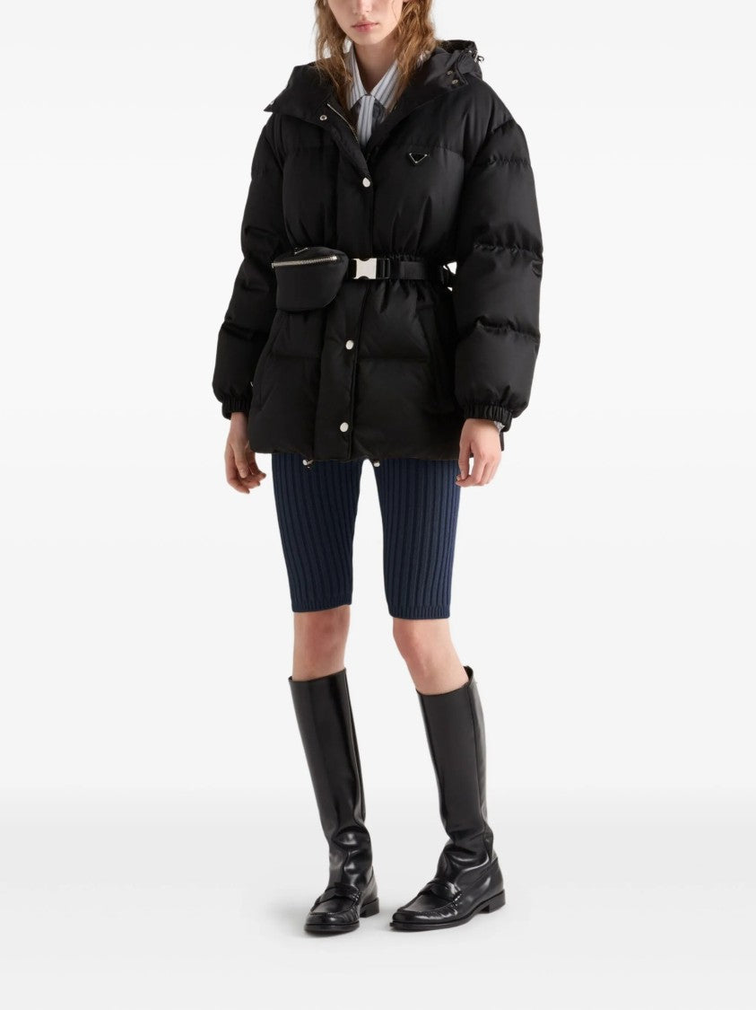 Prada Quilted Black Down Puffer Jacket With Functional Belt And Hood