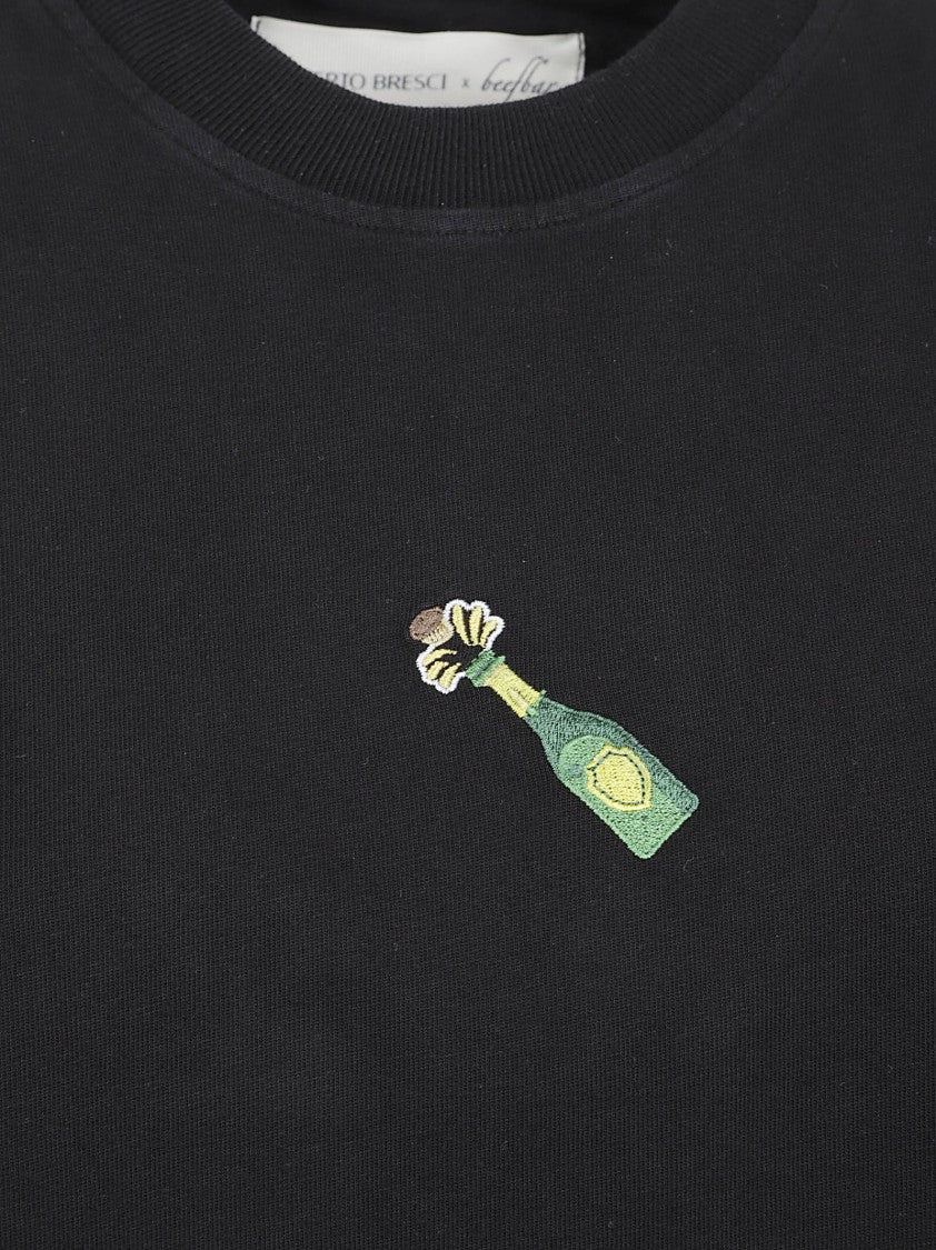 Alberto Bresci Relaxed Fit Black T-Shirt With Embroidered Bottle Design