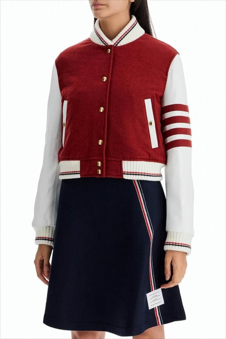 Thom Browne Cropped Varsity Jacket In Rich Red With Contrast Leather Sleeves