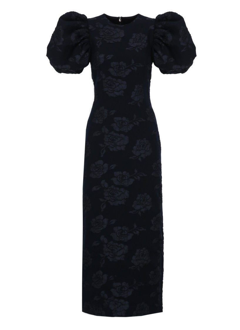 Rotate Jacquard Floral Midi Dress With Balloon Sleeves