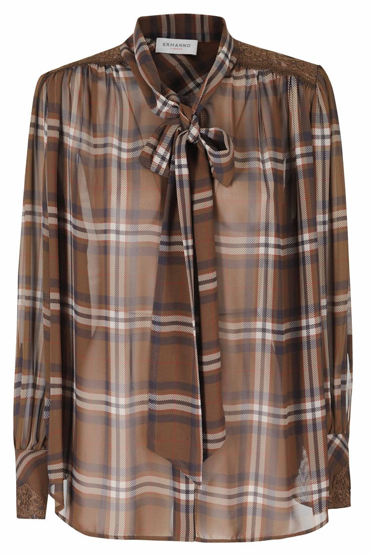 Ermanno Firenze Dark Brown Sheer Lace Trim Polyester Shirt