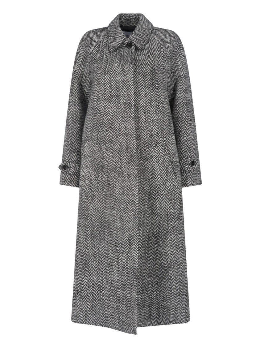 Lardini Grey Wool Herringbone Belted Coat