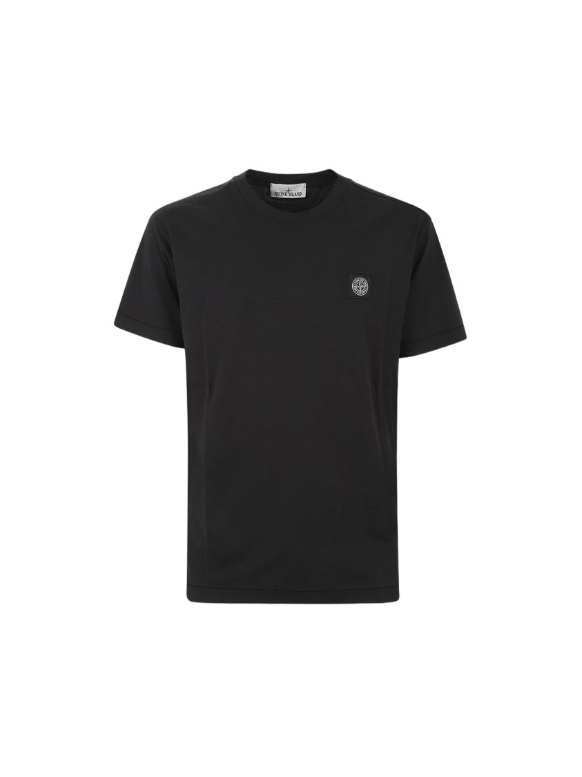 Stone Island Black Cotton T-Shirt With Iconic Logo Patch