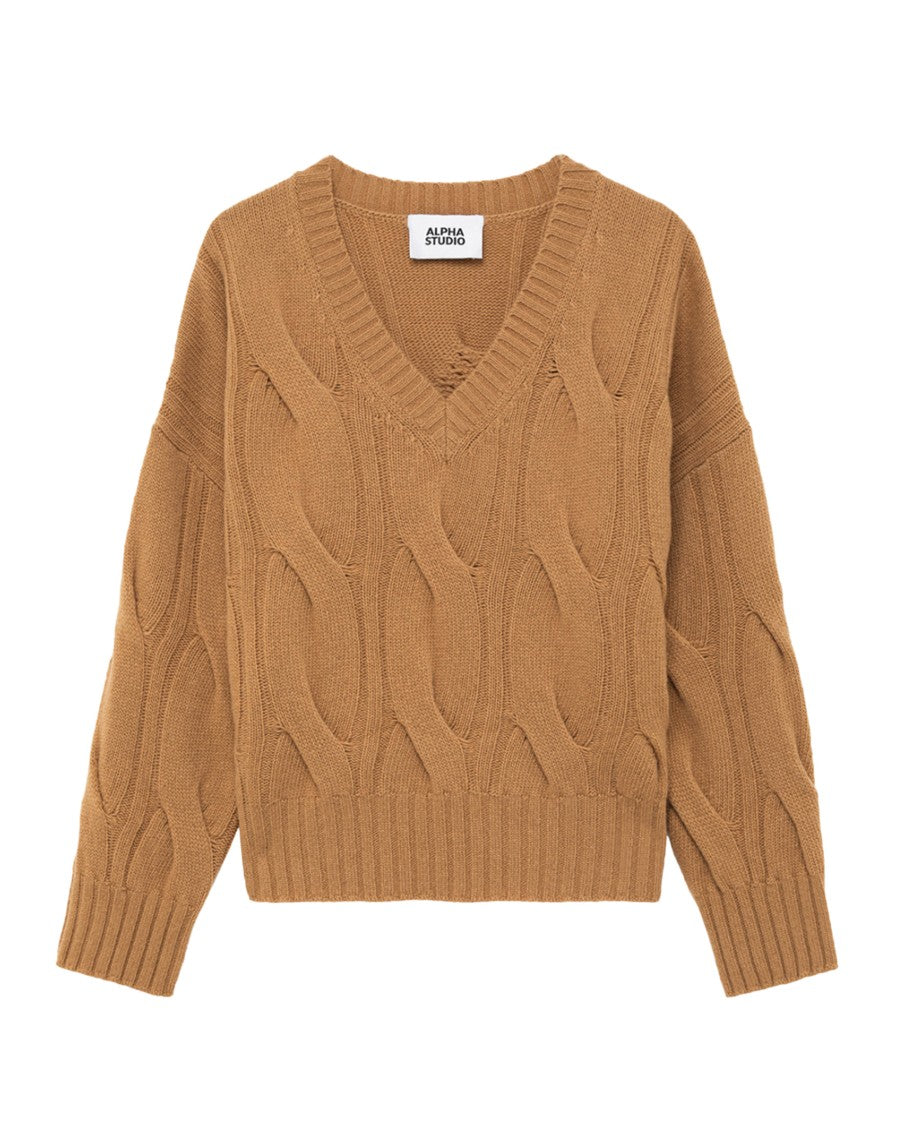 Alpha Studio Boxy Knit Sweater With V-Neckline And Cable Knit Texture