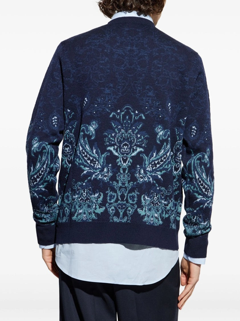 Etro Jacquard Floral Navy Wool Knit Sweater