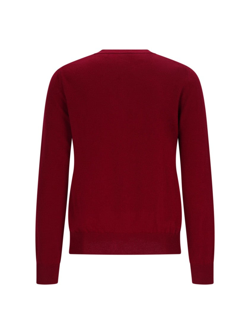 Comme Des Garçons Burgundy V-Neck Iconic Heart Wool Cardigan