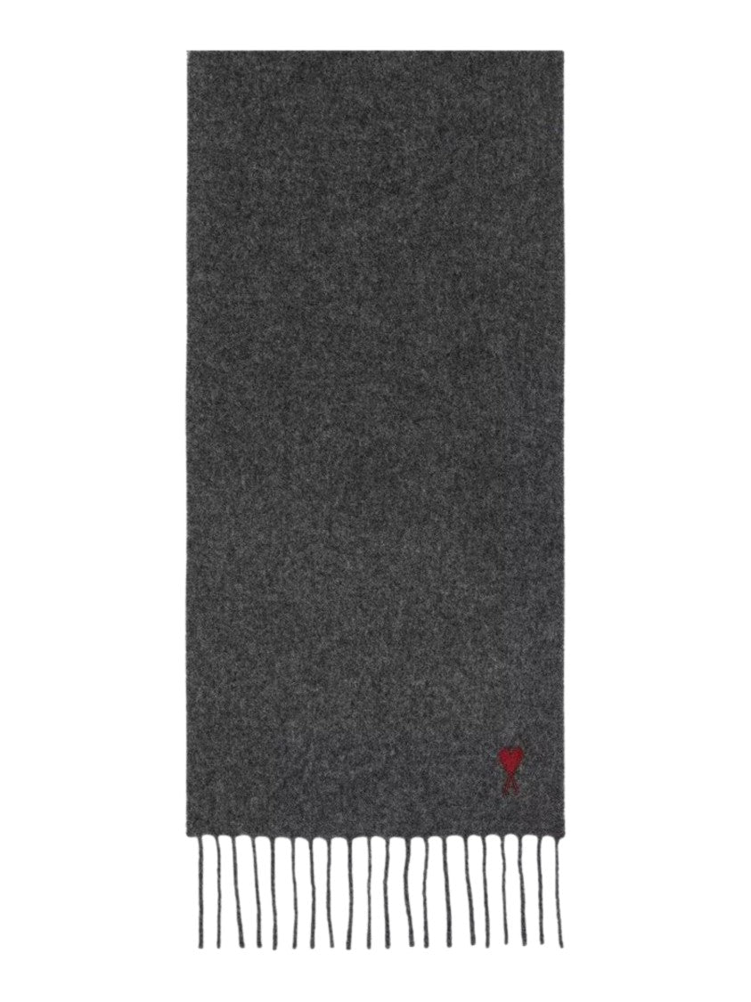 Ami Paris Dark Grey Ami De Coeur Fringed Wool Scarf