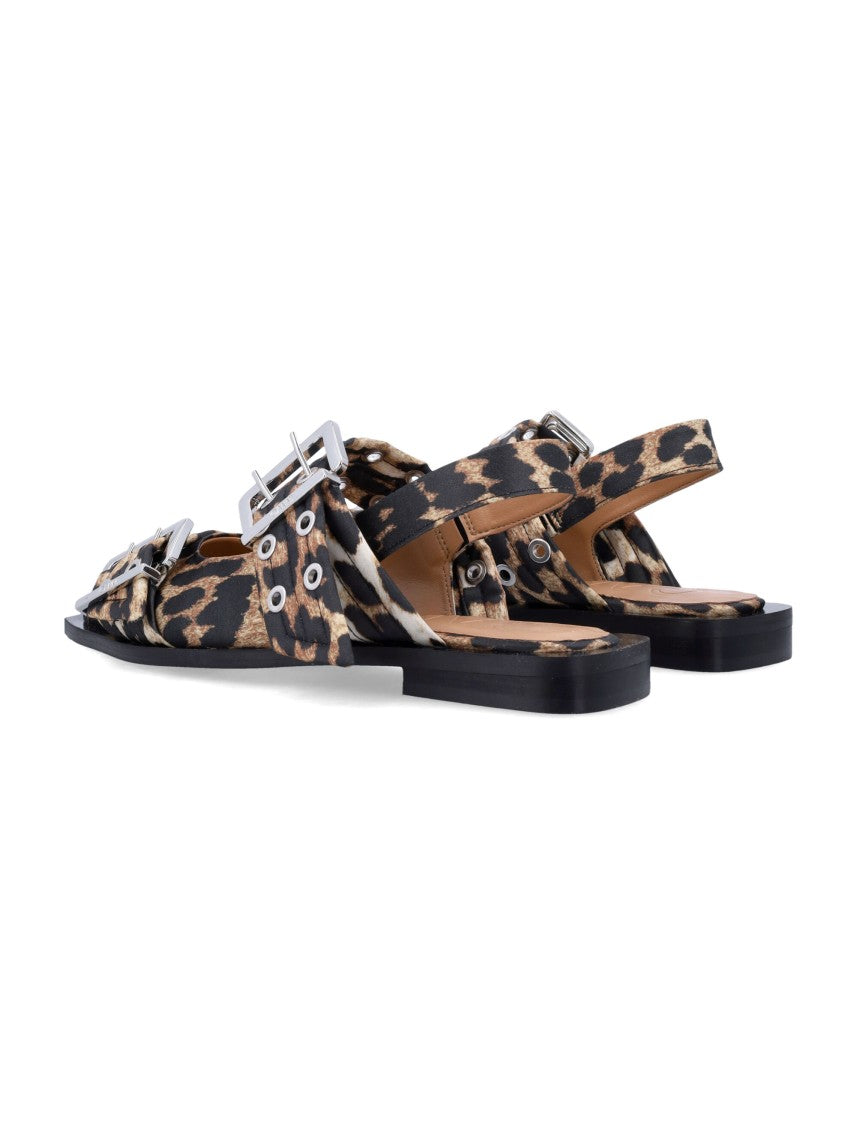 Ganni Leopard Satin Feminine Buckle Ballerinas