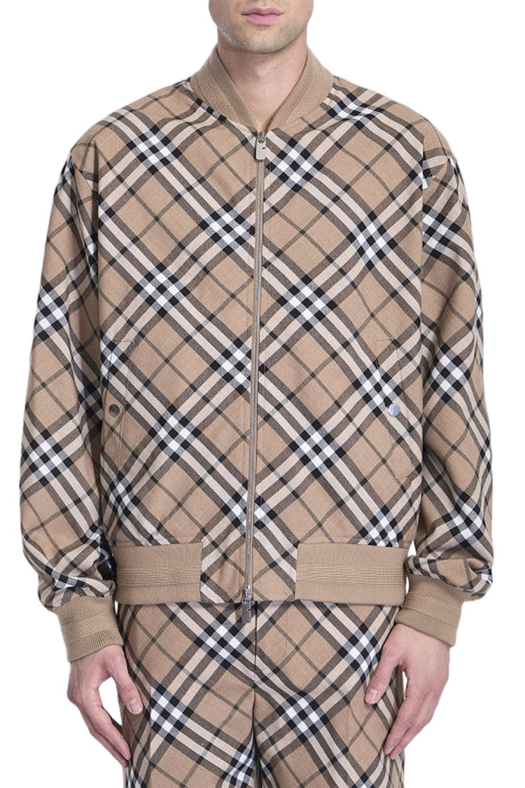 Burberry Beige Diagonal Check Wool-Blend Bomber Jacket