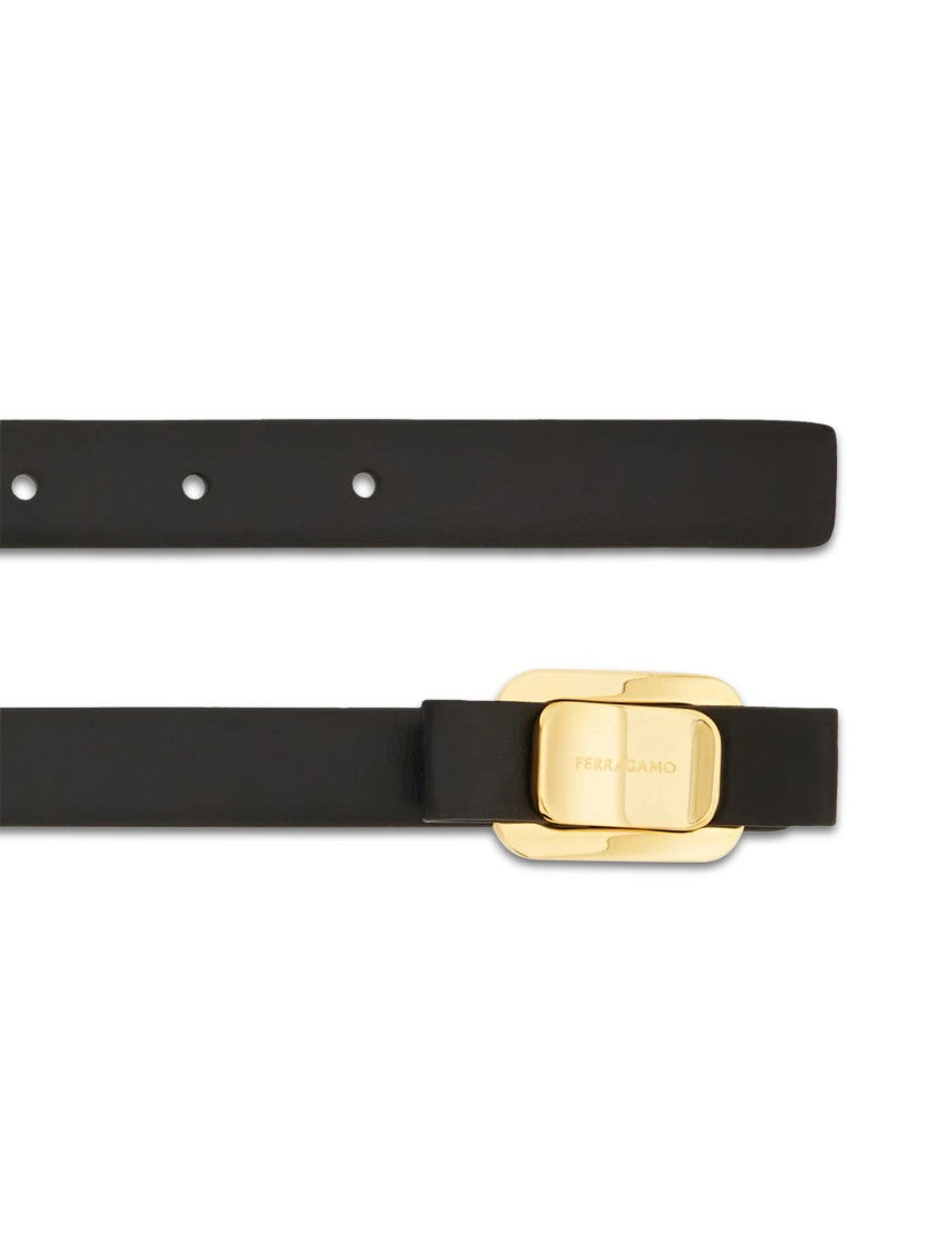 Ferragamo Sleek Black Belt With Polished Gold Buckle