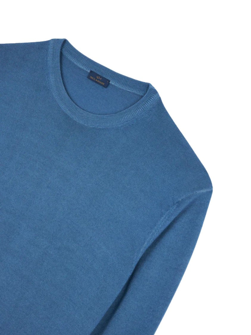 Paul & Shark Muted Blue Crew Neck Wool Sweater With Ribbed Cuffs