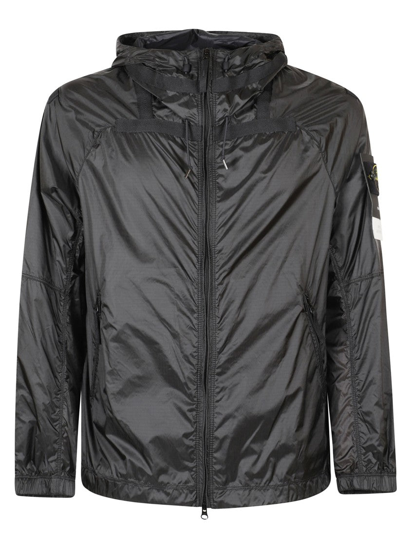 Stone Island Lightweight Grey Hooded Coat With Contrasting Black Accents