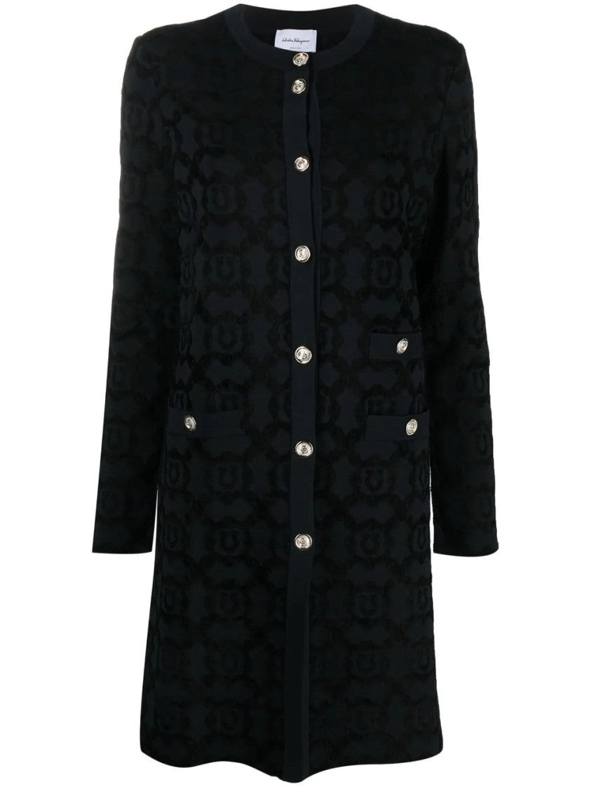 Salvatore Ferragamo Short Black Coat With Floral Jacquard And Decorative Buttons