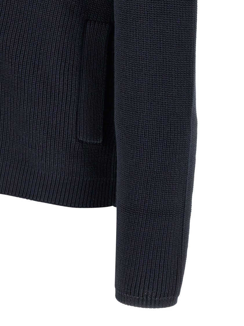 Brunello Cucinelli Half-Ribbed Blue Cardigan With Double-Breasted Design And Shawl Collar