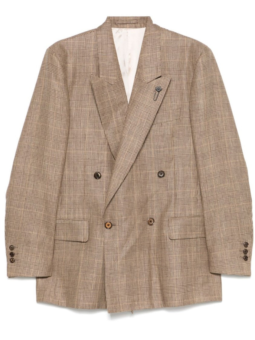 Lardini Double-Breasted Brown Jacket With Textured Plaid Pattern