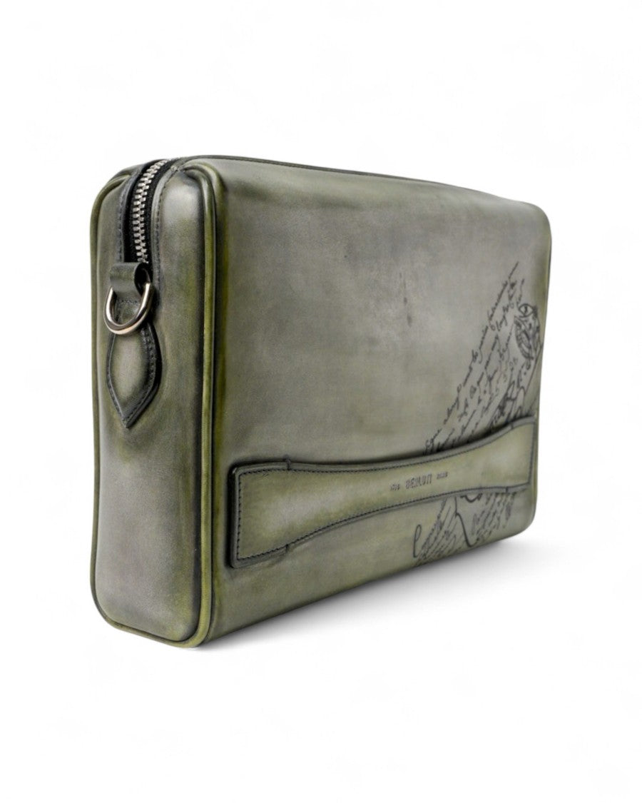 Berluti Tersio Scritto Leather Clutch With Zip Closure And Removable Wrist Strap