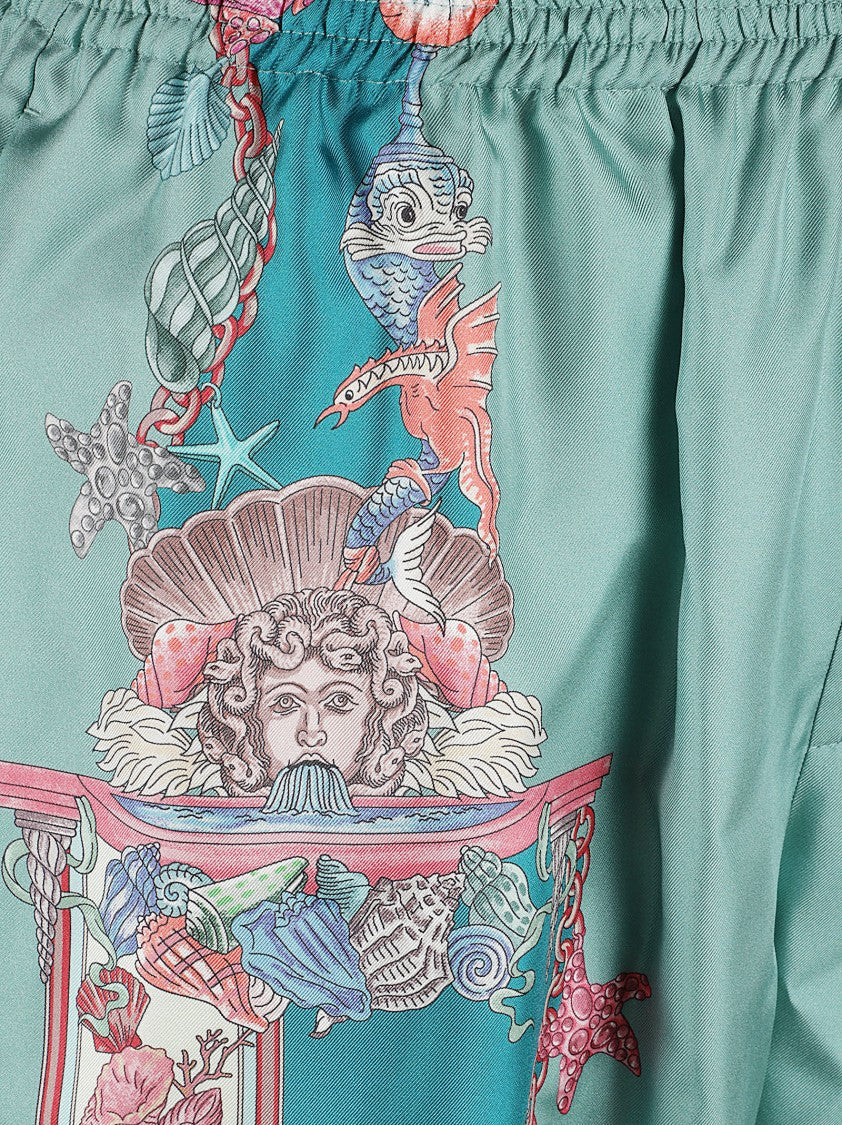 Versace Teal Blue Shorts With Coral Theatre Motif