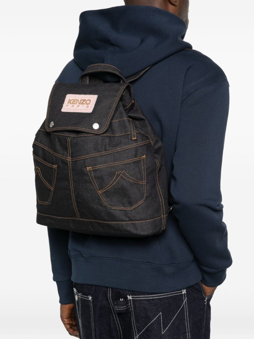 Kenzo Structured Black Backpack With Orange Stitching