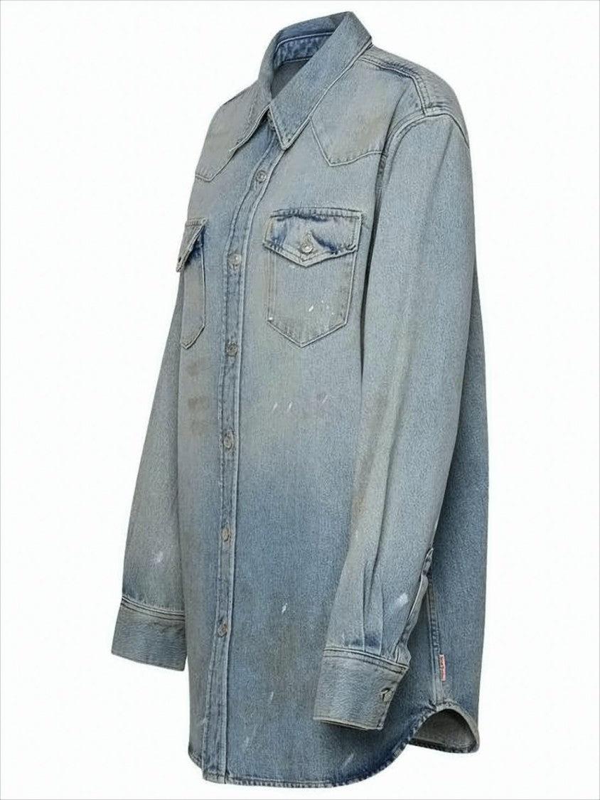 Acne Studios Light Blue Button-Down Denim Shirt With Distressed Finish