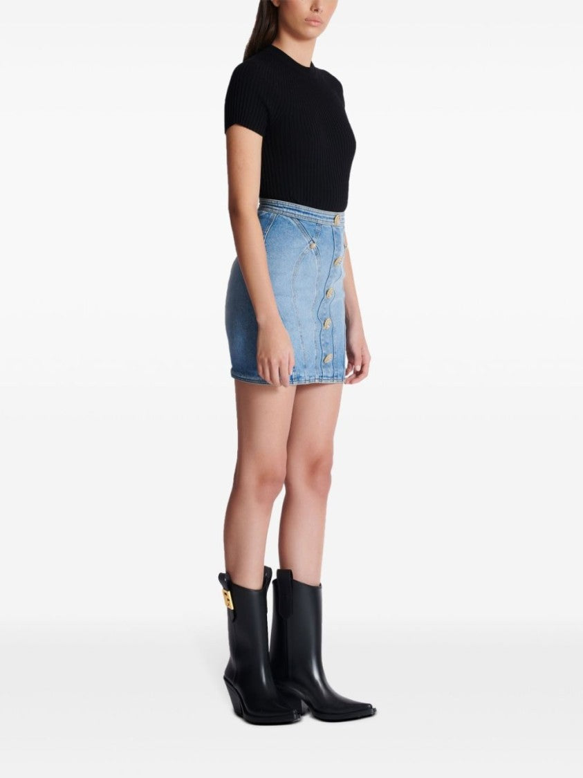 Balmain Tailored Denim Skirt With Decorative Buttons And Structured Fit