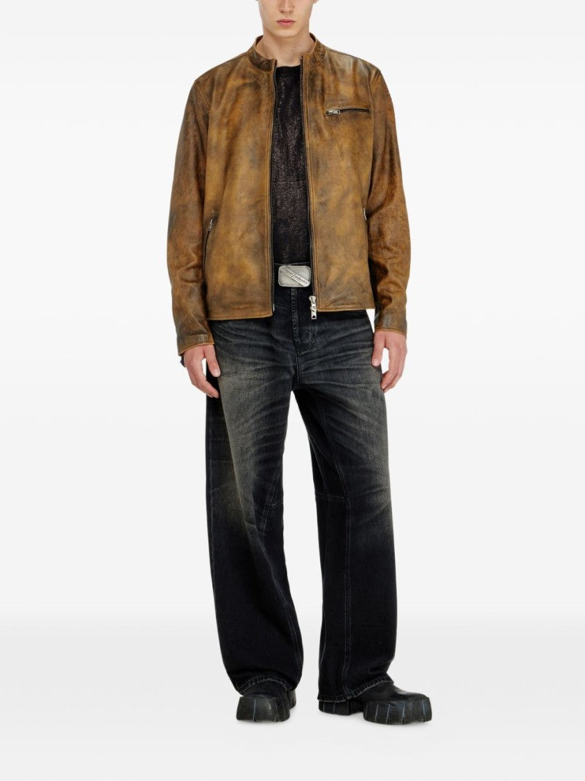 Diesel Distressed Brown Leather Jacket With Structured Fit
