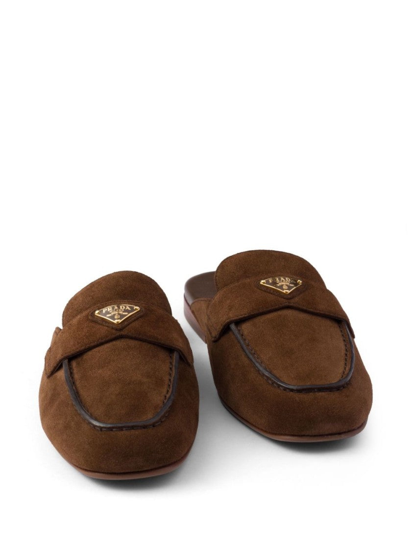 Prada Brown Triangle Logo Suede Band Slippers