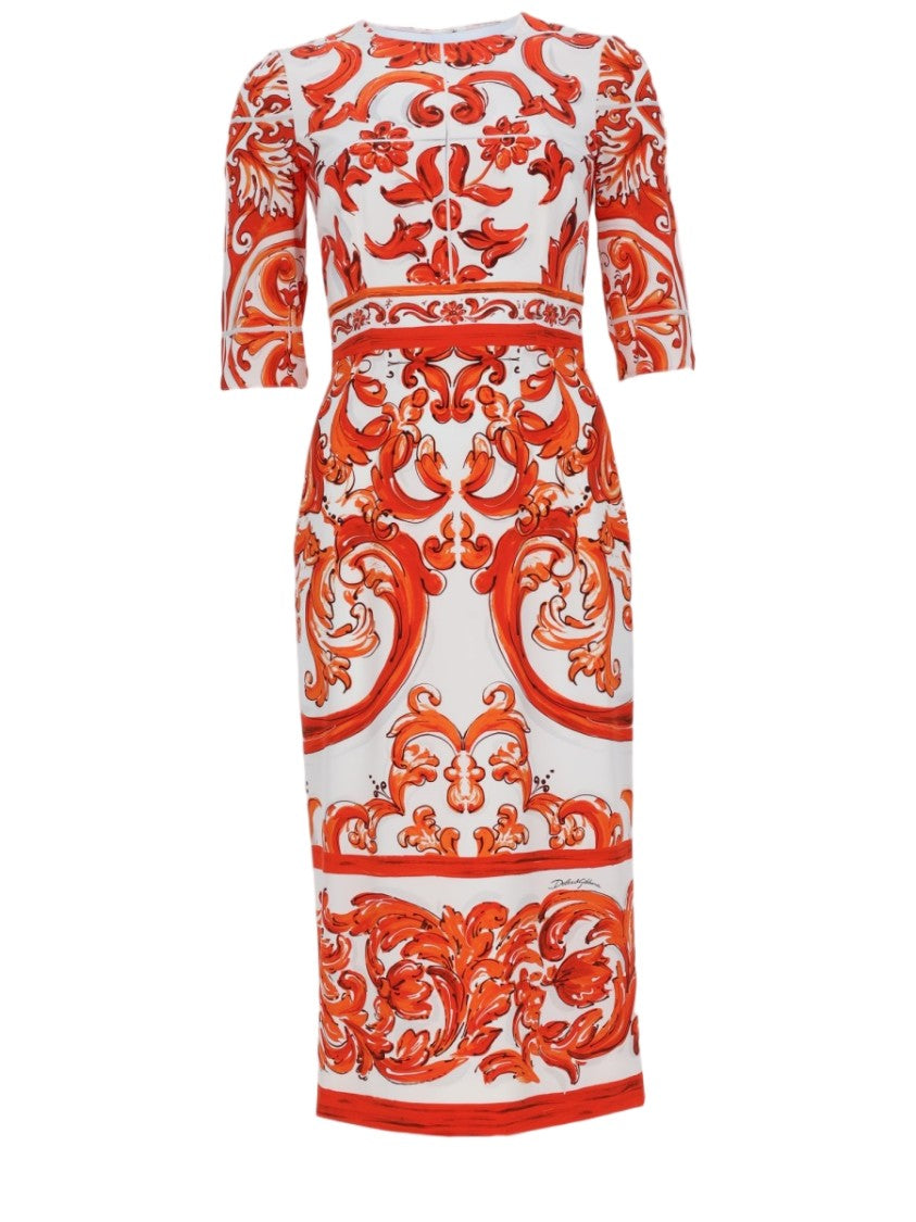Dolce & Gabbana Baroque-Inspired Charmeuse Midi Dress With Short Sleeves