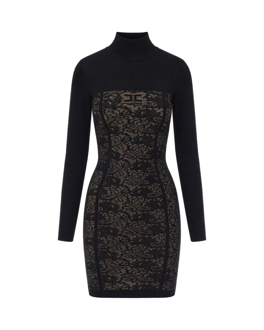 Elisabetta Franchi Black Lace Bodice High-Neck Viscose-Blend Mini Dress