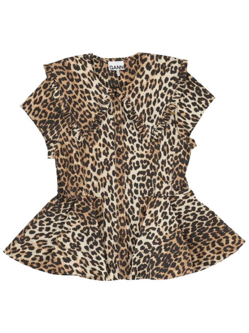 Ganni Leopard Organic Cotton Peplum Shirt