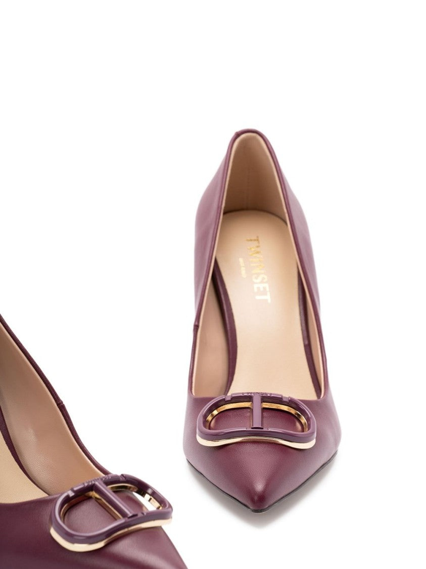 Twin-Set Bordeaux Leather Pumps With Decorative Buckle Detail