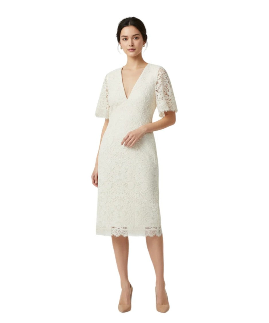 Twin-Set White Lace Overlay Midi Dress With Flutter Sleeves