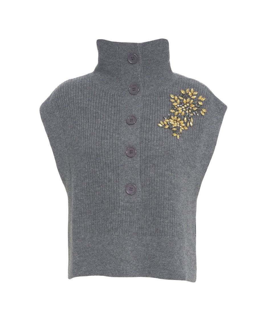 Liu Jo Sleeveless Knitted Vest With High Buttoned Collar And Rhinestone Accent