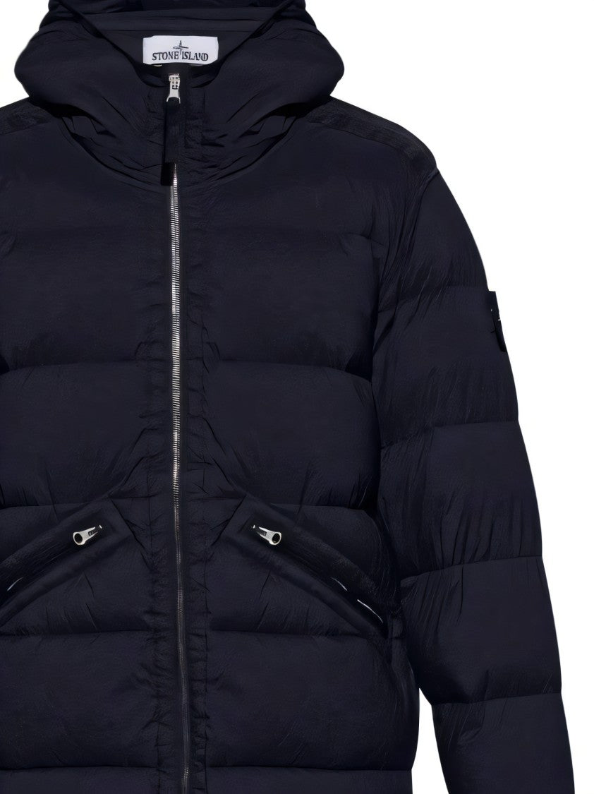 Stone Island Quilted Down Coat With Hood And Zippered Pockets
