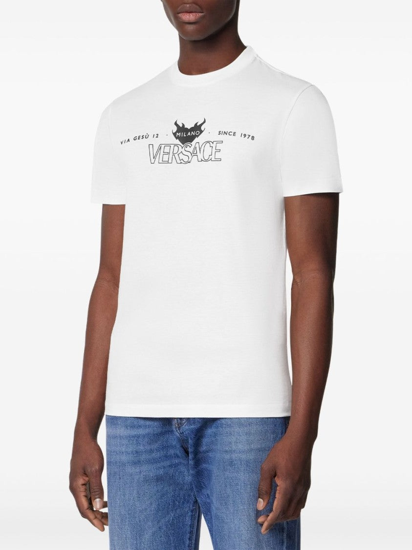 Versace White Graphic Print T-Shirt With Flame Motif