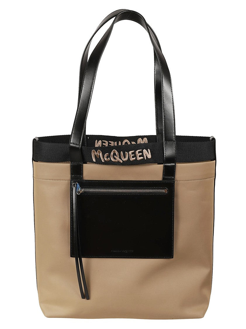 Alexander Mcqueen Beige Tote Bag With Black Leather Handles