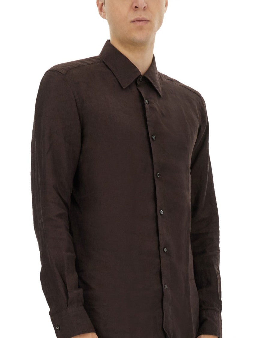 Boss Camel Brown Slim Fit Linen Shirt With Button-Down Front