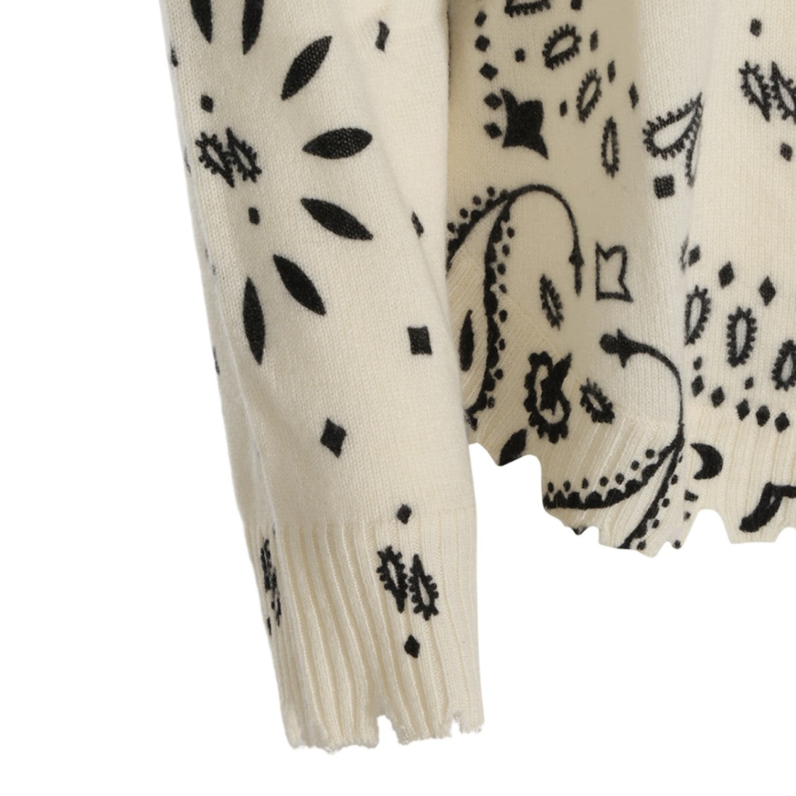 Kujiten Intricate Cream Knit Sweater With Paisley Pattern And Scalloped Hem