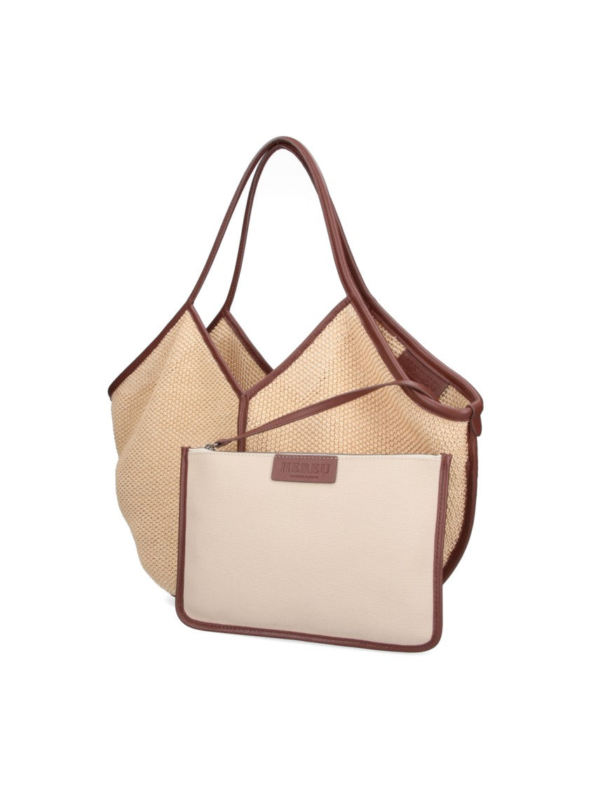Hereu Beige Woven V-Neck Texture Tote Bag