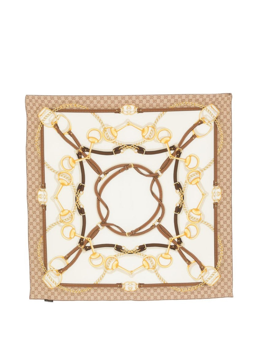 Gucci Equestrian Print Leather Accents Silk Belt