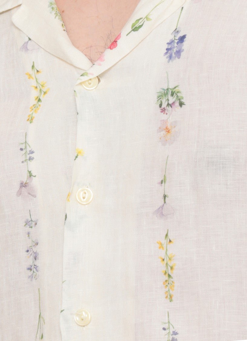 120% Lino Ivory Floral Print Linen Casual Shirt