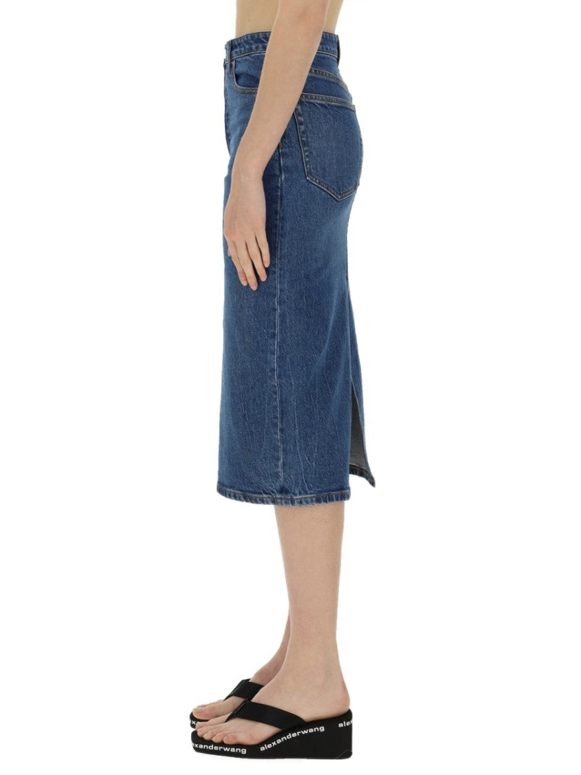 T By Alexander Wang Classic Denim Midi Skirt With Button Front
