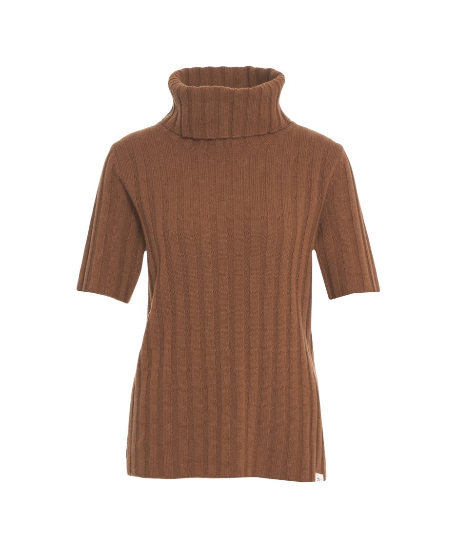Peuterey Short-Sleeve Wool Knit Top With Ribbed Turtleneck