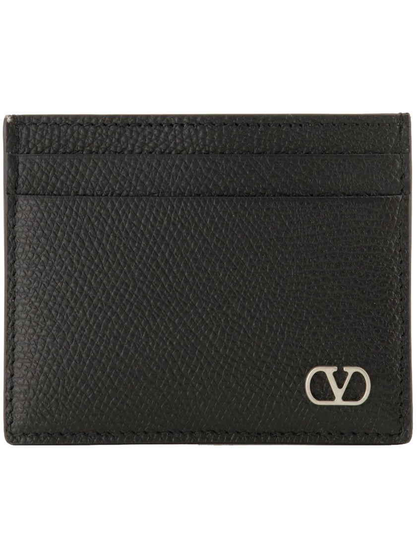 Valentino Black Textured Leather Logo Card Holder