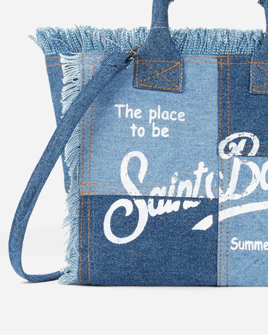 Mc2 Saint Barth Patchwork Denim Tote Bag With Frayed Edges And Internal Zip Pocket