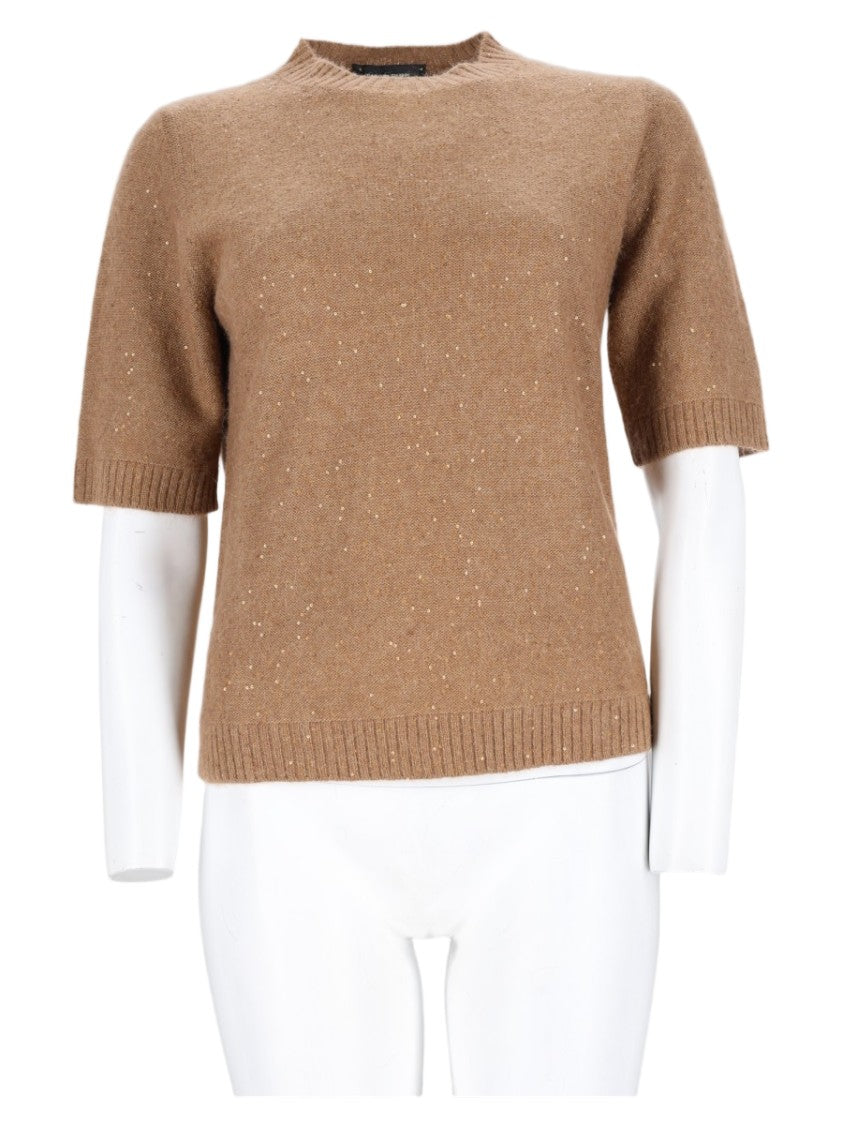 Fabiana Filippi Relaxed Fit Short-Sleeved Beige Knit Sweater