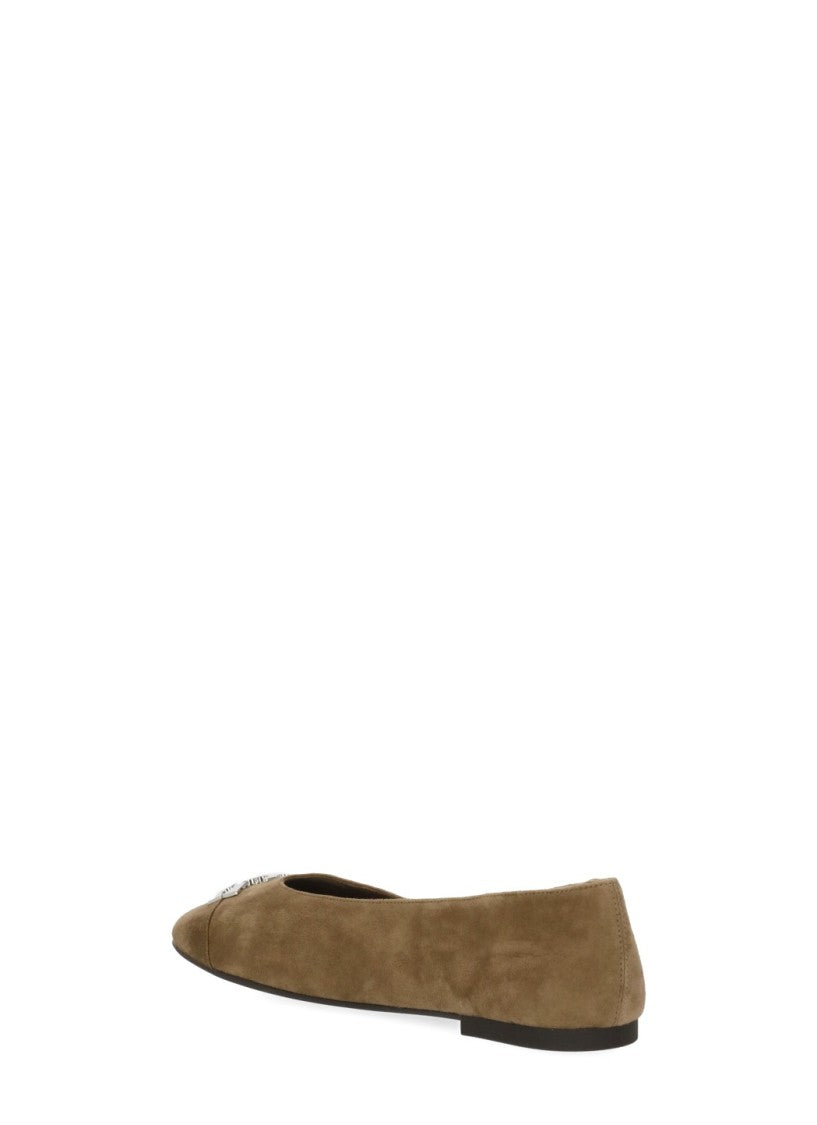 Tory Burch Brown Pointed Toe Silver Logo Suede Flats