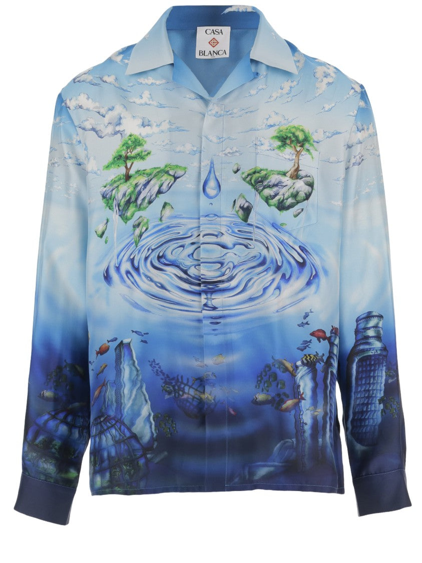 Casablanca Light Blue Silk Graphic Shirt