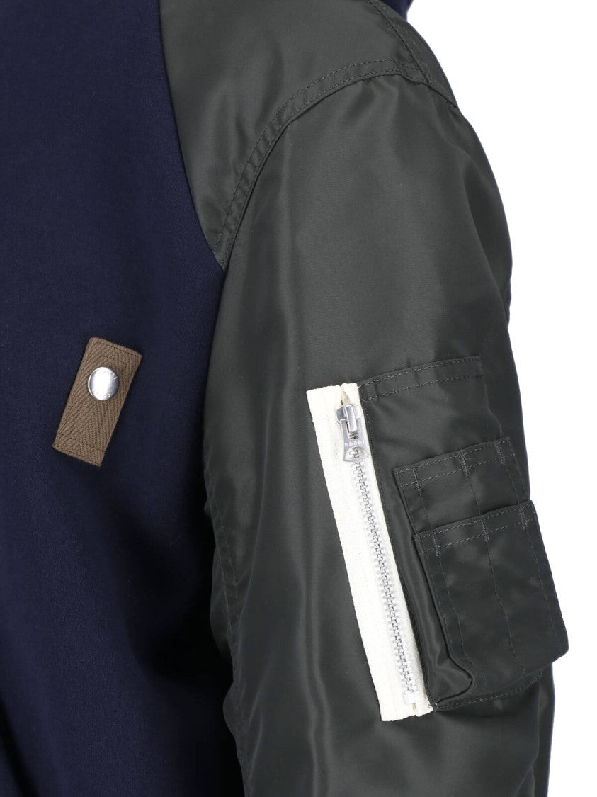 Sacai Hooded Bomber Jacket In Technical Fabric With Zip Closure