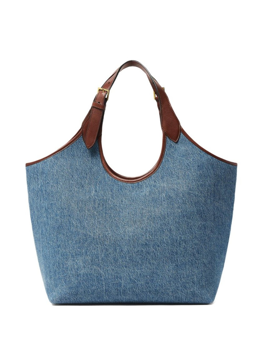 Versace Denim Tote Bag With Brown Leather Trim